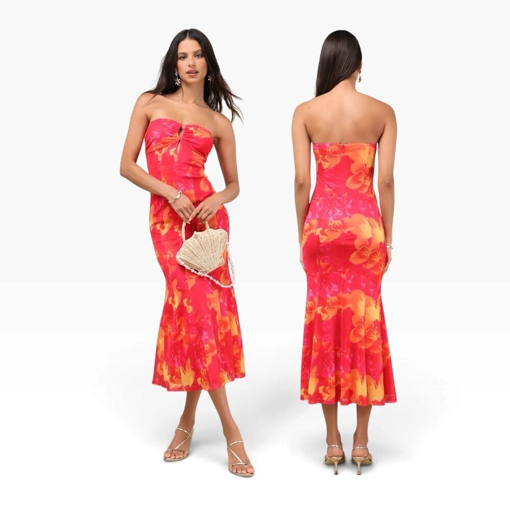 Lulus Islay Hot Pink Floral Abstract Mesh Strapless Midi Dress size XL NWT